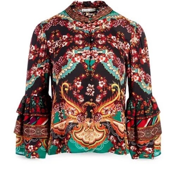 Alice + Olivia Tops - Alice Olivia Liberty Printed Ruffled Blouse Bell Sleeves Size S Mock Neck Boho
